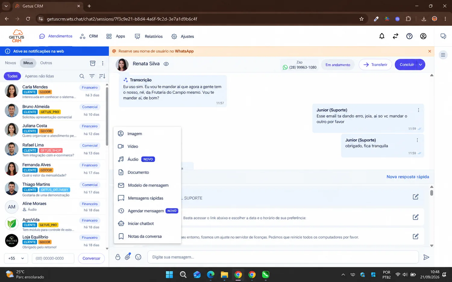 Tela de atendimento do Getus CRM com dados fictícios